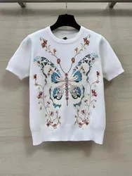 Blumen schmetterling bestickter Pullover Damen Strick-T-Shirts 2024 Frühling Sommer neue Vintage O-Ausschnitt Kurzarm Strickwaren Tops T-Shirts