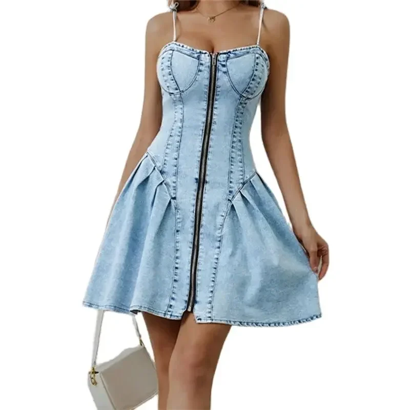 

Women New Zipper Cardigan Denim Dresses Fashion Slim Sleeveless Backless Pleated Dress Summer Female Adjustable Suspenders Gown