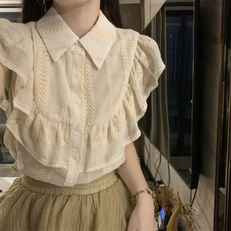 

Sweet Flying Sleeve Shirt for Women Summer Ruffled Chic Short-sleeved Top Gentle Temperament Single