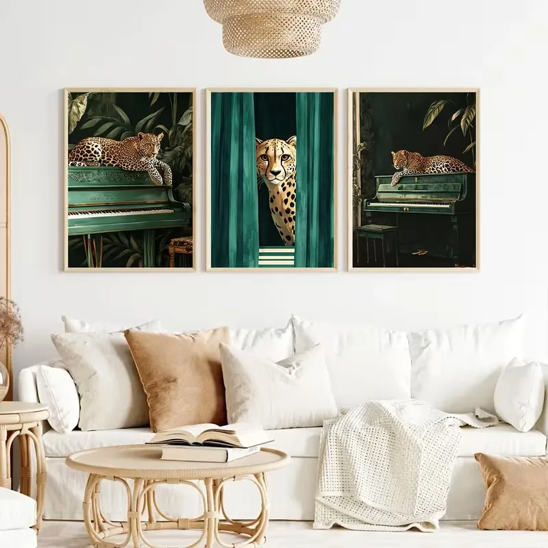 

3pcs Green Piano Jungle Animal Minimalist Living Room Home Decor Green Retro Bohemian Leopard Canvas Poster Decorative Painting