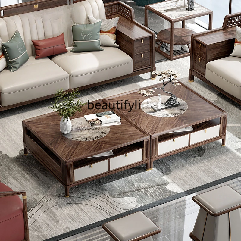 

Square Solid Wood Tea Table Combination New Chinese Style Ugyen Wood Tea Table Walnut Color Light Luxury