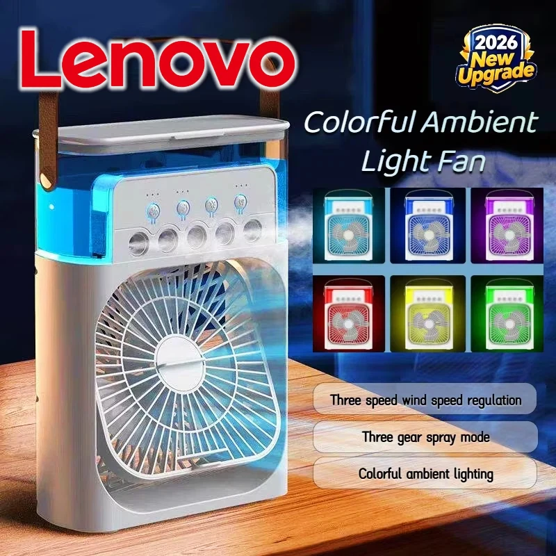 Ventilador Portátil Lenovo com Ar Condicionado Mini USB, Umidificador, Spray de Névoa de Água, Luz Noturna LED, Ventilador de Mesa para Resfriamento