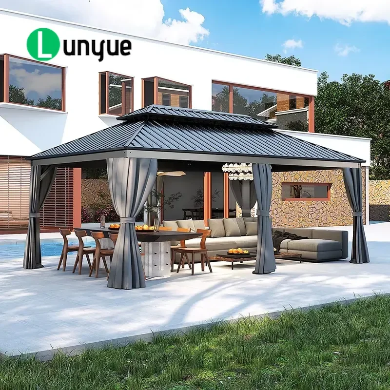 Large Aluminum Alloy Frame Gazebo with Metal Roof Modern Outdoor Awning 352x587x307CM Durable Patio Garden Shelter