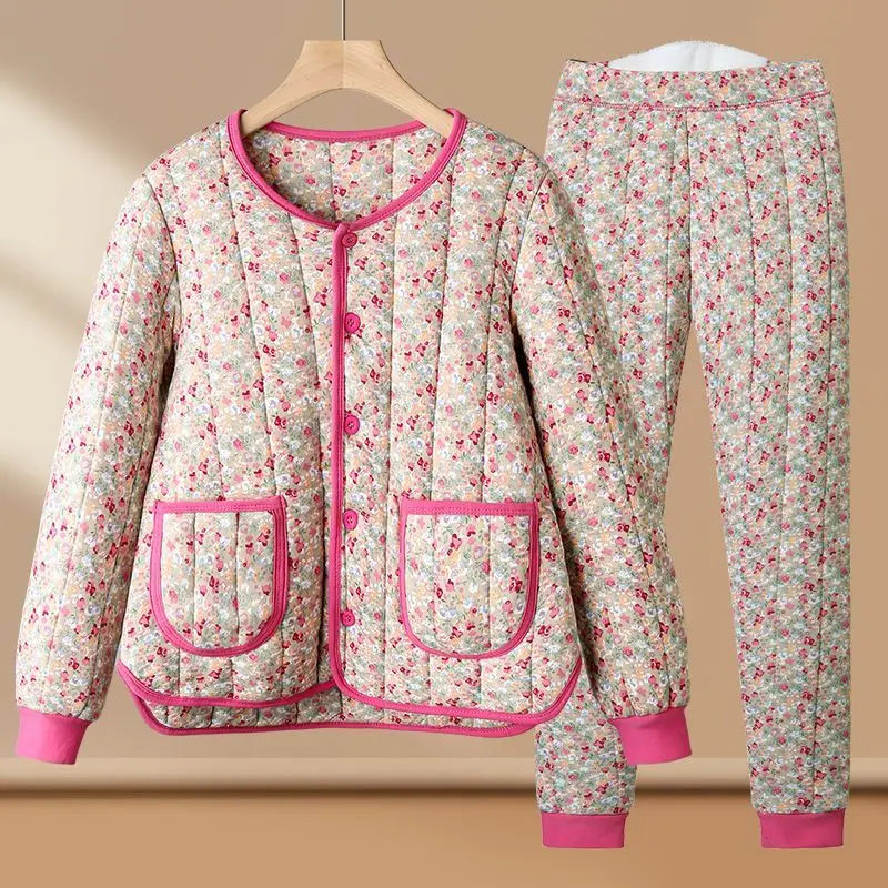 

thicken Women's pajamas suit winter keep warm Sleepwear Pajama Set floral cotton-padded jacket cotton-padded trousers suit