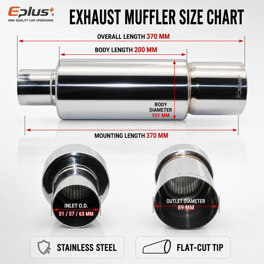 EPLUS Universeller Auto- und Motorrad-Auspuff-Schalldämpfer aus Edelstahl mit gerader Schnittspitze, Auto-Auspuff-Resonator, 51/57/63mm Einlass – Detail 1
