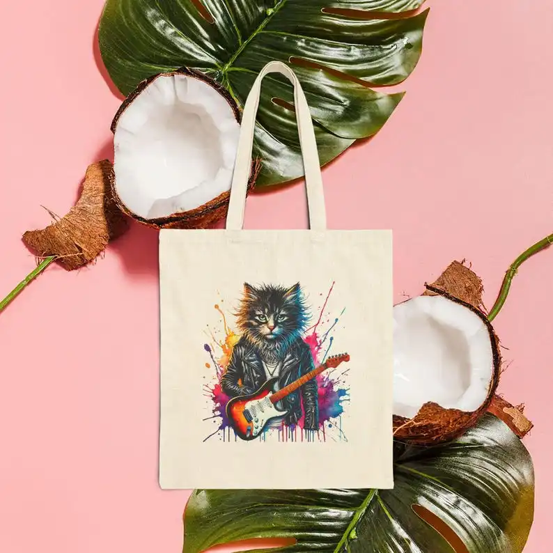 Copy of Cat Canvas tote bag Rock vintage shoulder bag rockstar cat kitten vintage handbag pet lovers