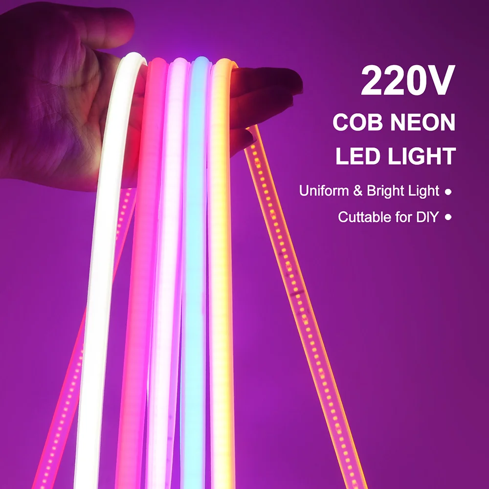 

220V COB LED Neon Strip Light 9 Colors with EU power Plug Flexible Tape Led Ribbon RA90 288LEDs/m Linear Lighting Waterproof