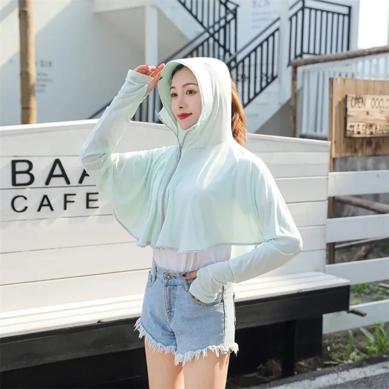 New Summer Ice Silk Sunscreen Clothing Women Big Brim Short Long-Sleeved Hooded Outdoor Driving UV Protection Sunscreen Clothing