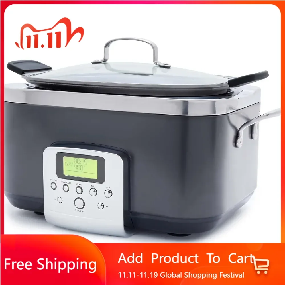 

8-in-1 programmable 6QT electric slow stew pot, dishwasher safety cover and detachable tile can, healthy ceramic without PFAS