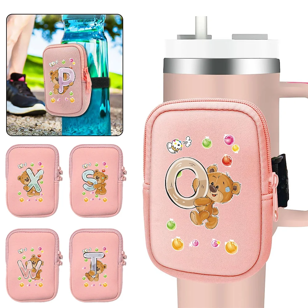 New Unisex Handheld Water Bottle Bag Outdoor Sports Water Bottle Cup Bags Bear Letter Series Zipper Small Item Storage Bags