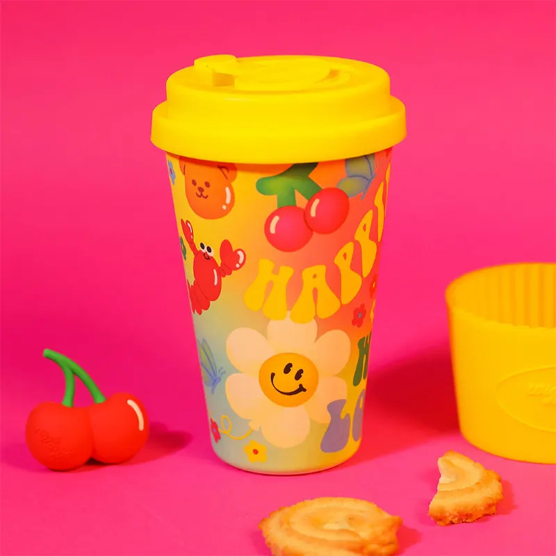 Wiggle Wiggle Bamboo Fiber Coffee Cup With Lid Straw Cute Print Reusable Degradable Water Mug For Office Travel