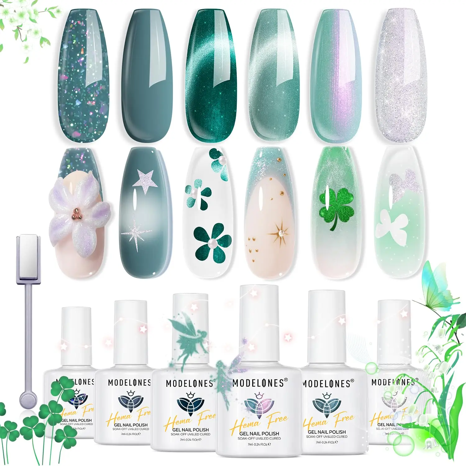 Set de 6 Esmaltes de Uñas en Gel 9D Efecto Ojo de Gato, Sin HEMA, con Imán, Verde Primavera y Brillo Plateado, Secado LED, Arte de Uñas DIY