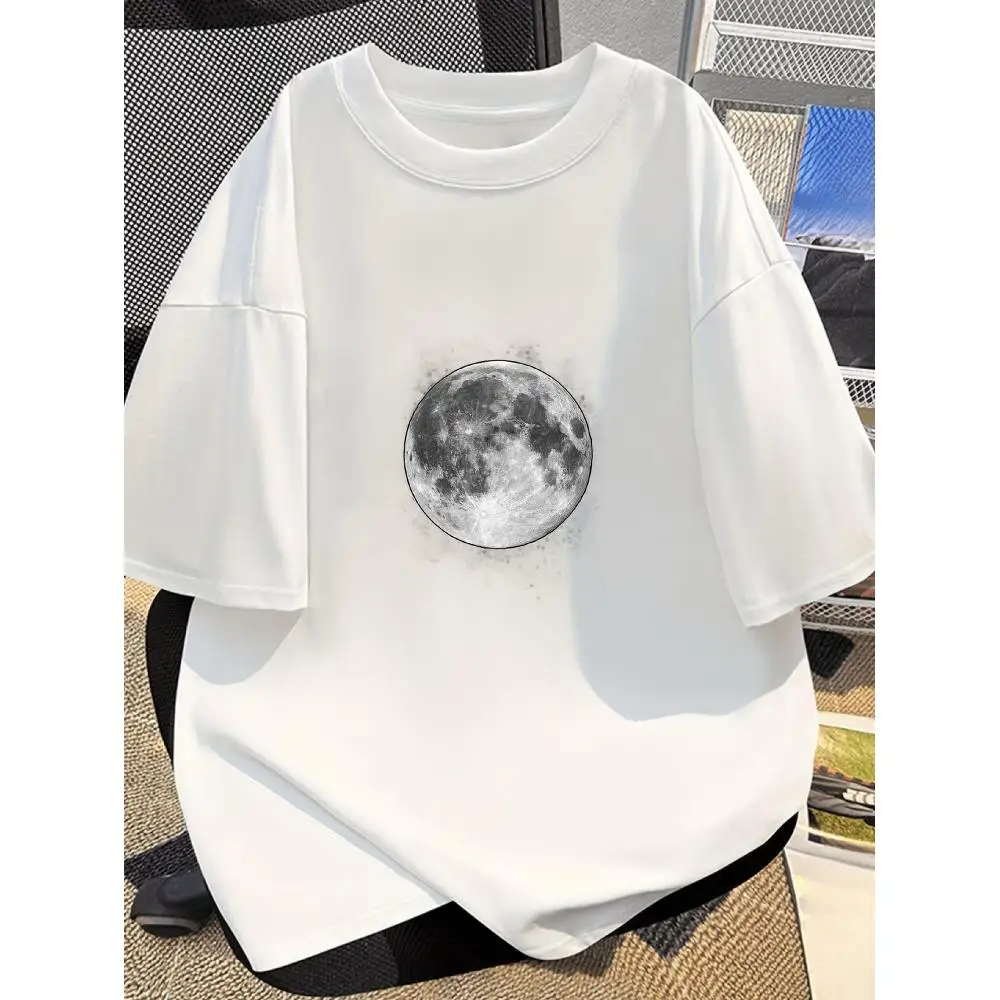 Men White Night Sky Print T-Shirt Full Moon Star Design Black Gray Walnut Texture Short Sleeve Round Neck Casual Celestial