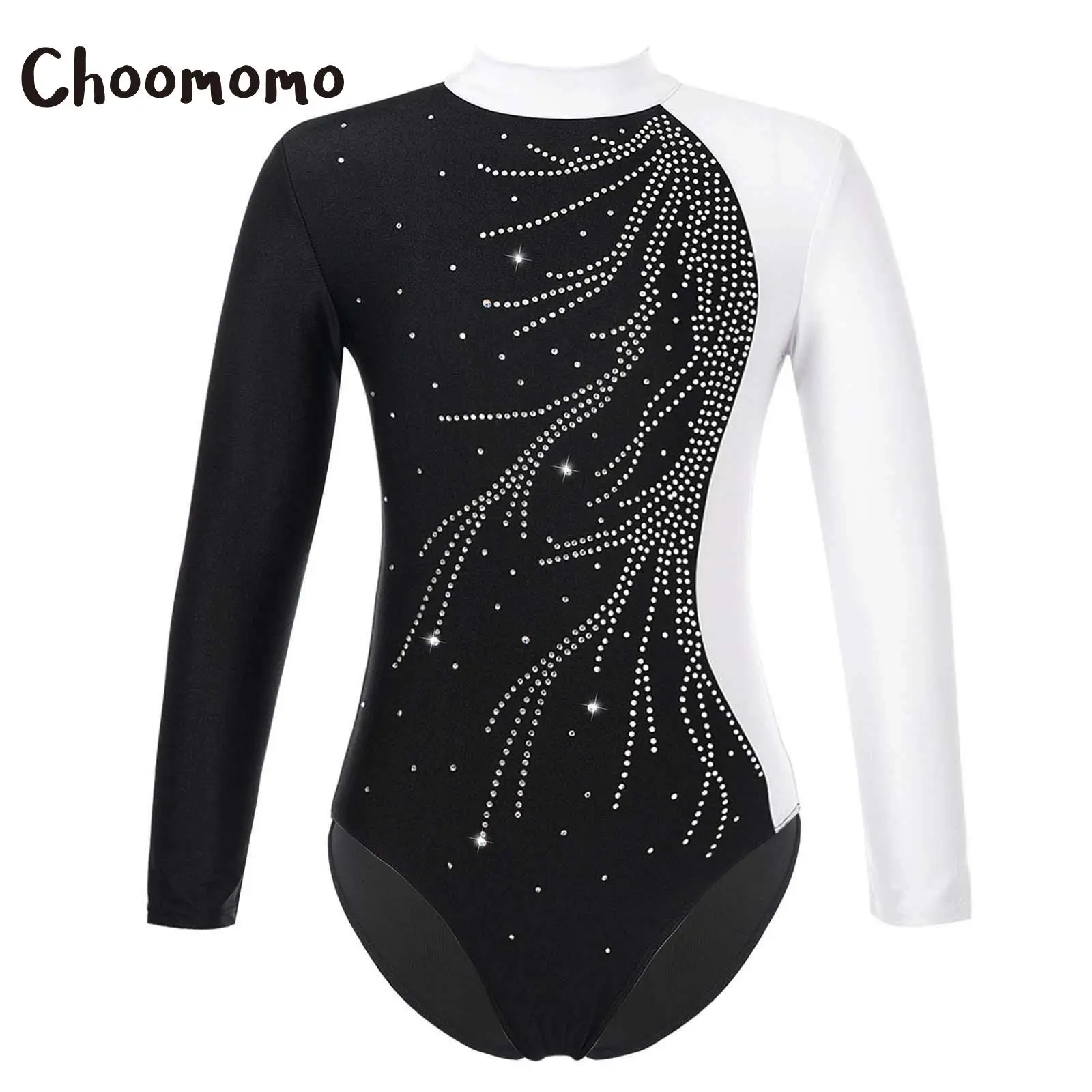 Kids Girls Shiny Diamonds Gymnastics Leotard Mock Neck Long Sleeve Ballet Ice Skating Bodysuit Jumpsuit One Piece Dance Costume