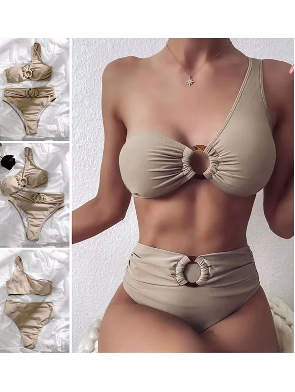 

Женский купальник-бикини однотонный, сексуальный, на одно плечо, комплект из двух частей, с эффектом пуш-ап для небольшой груди, с высокой талией