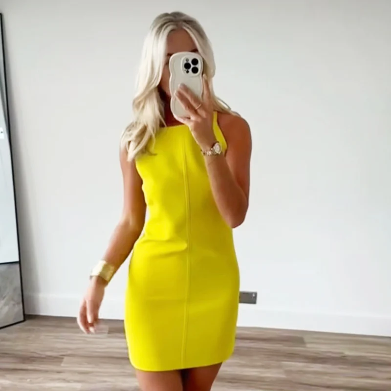 HXAO Fashion Summer Dresses 2024 Womens Dresses Bodycon Sleeveless Mini Dress White Red Blue Black Yellow Dress Vacation Dresses - Image 3