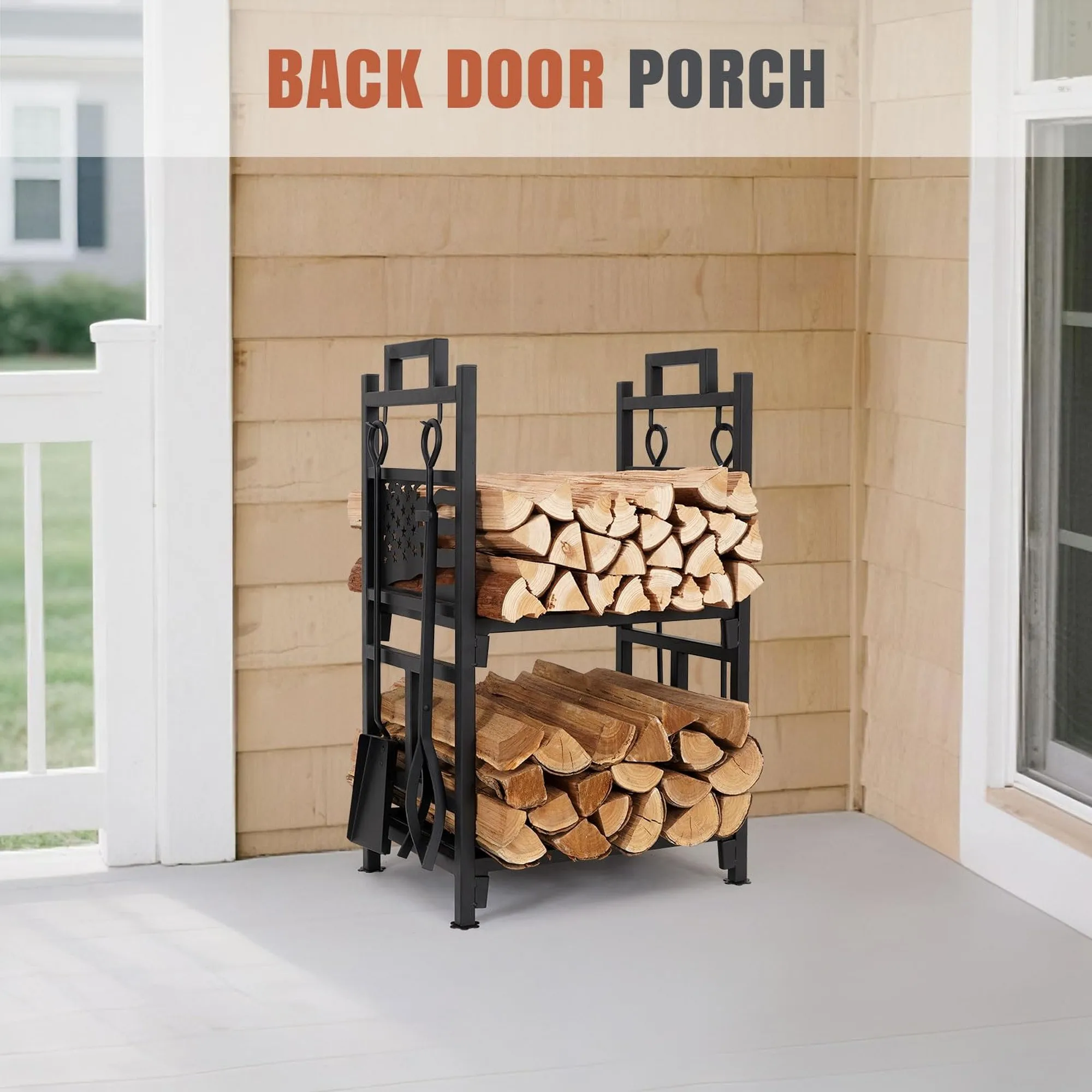 Firewood Rack with Fireplace & Fire Pit Tools Set | Indoor Outdoor Log Holder