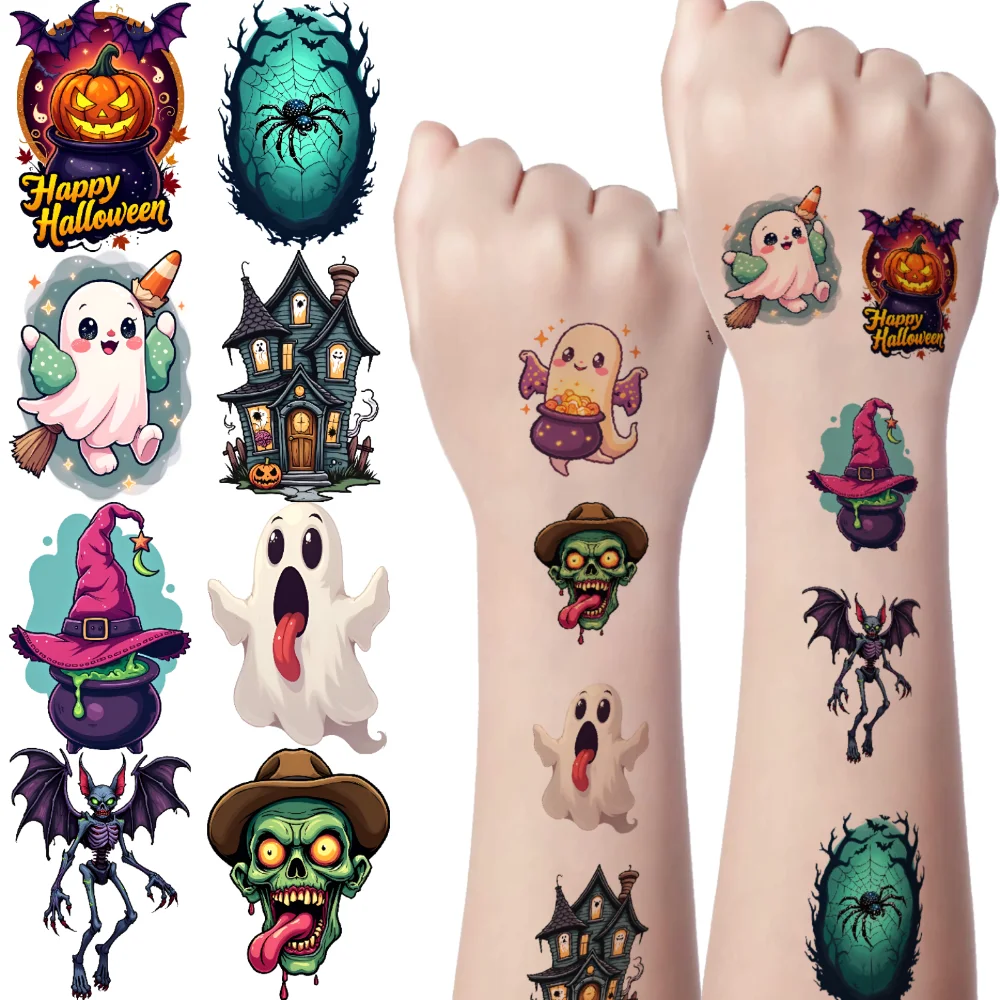 

54pcs Temporary Tattoo Skull Stickers Cartoon Cat Stickers Pumpkin Stickers For Cheeks