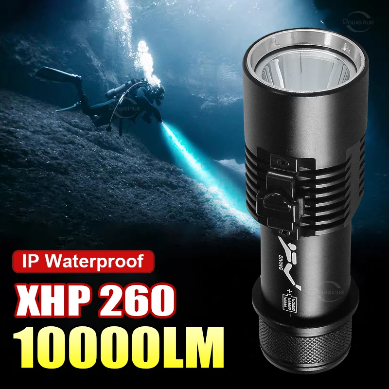 

10000LM Ultra Powerful LED Diving Flashlight XHP260 IP8 waterproof Professional Diving Torch Super Bright Scuba Diving Lamp 500m