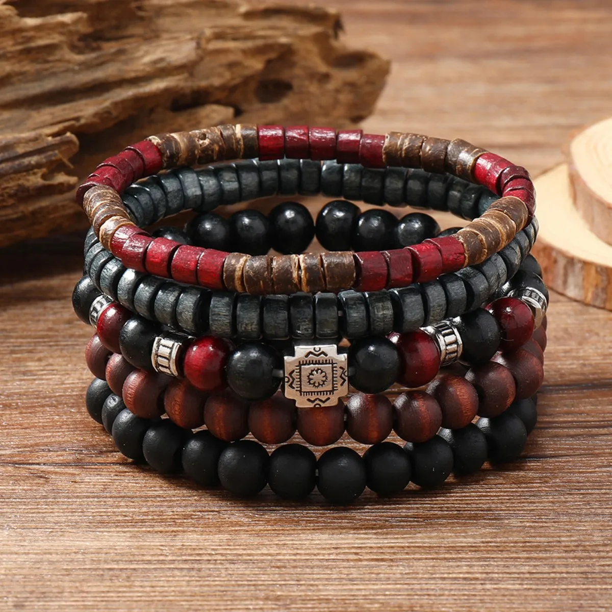 Bracelet For Men New Retro Style Cross Black Wooden Beads Coconut Shell Multi-piece Set Of Personality Bracelet