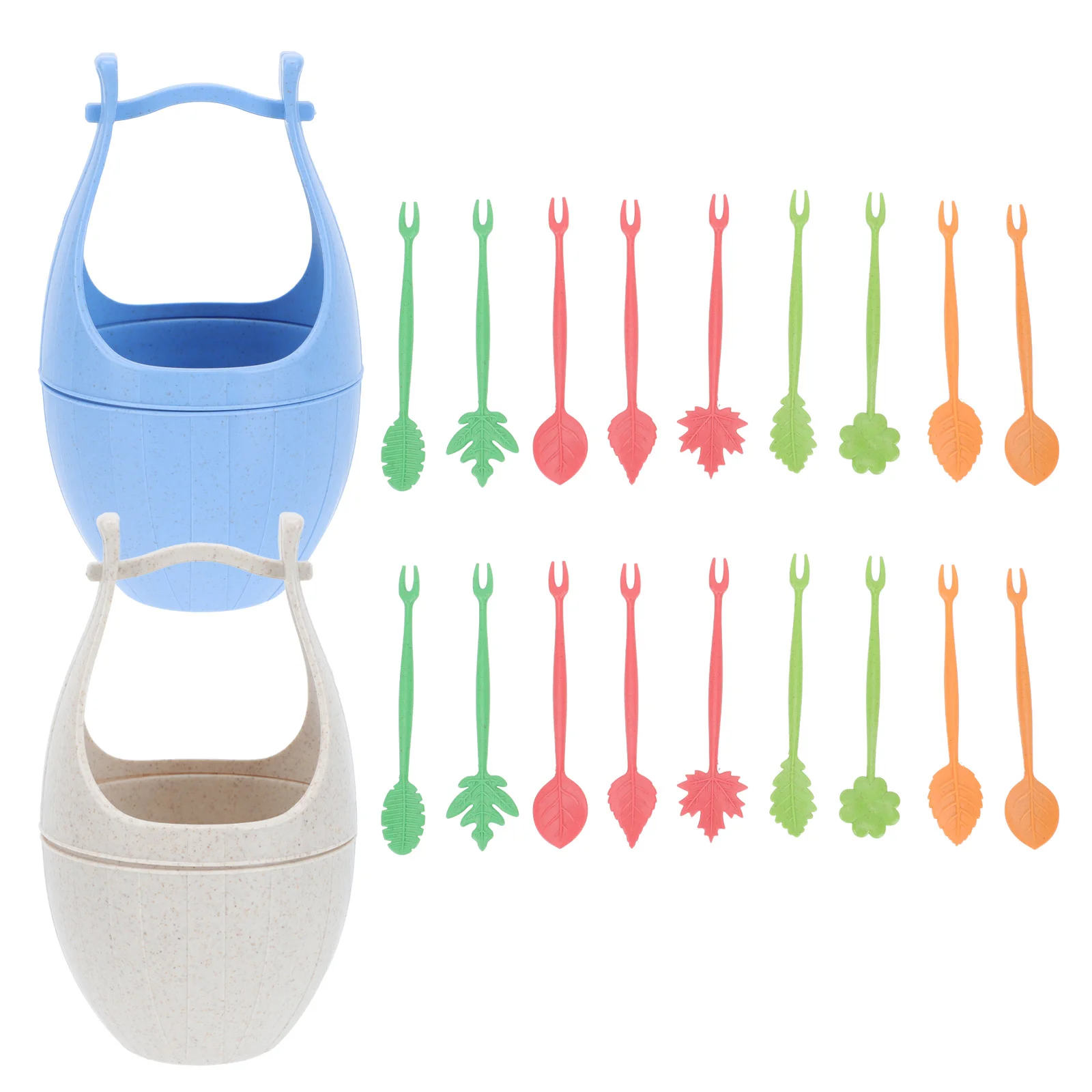 

2Sets Creative Fruit Forks Reusable Tropical Party Food Picks with Bucket Salad Dessert Snack Holder Kitchen Supplies