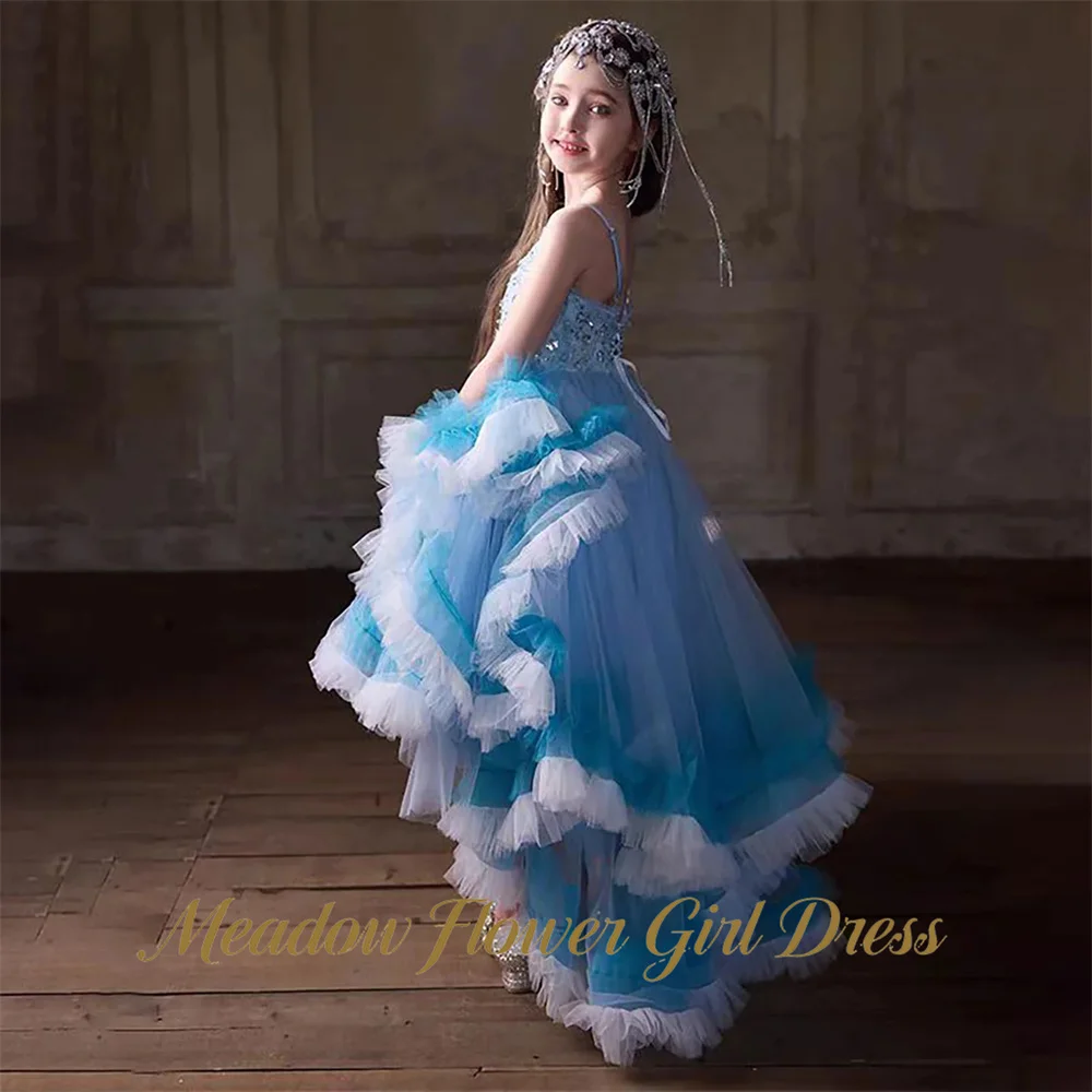 Meadow Blue and White Flower Girl Dress Spaghetti Strap Princess Girls Dresses with Glitter Sequin Kids Birthday Party Dresses