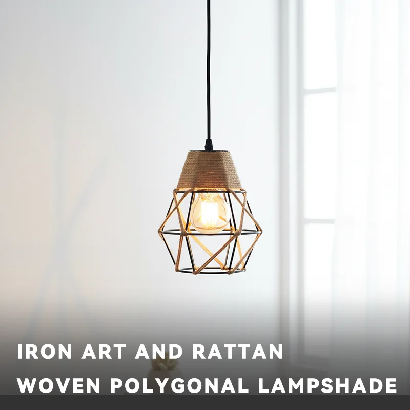 Vintage Rattan Lamp Shade, Hemp Rope with Metal Geometric Cage for Pendant Chandelier
