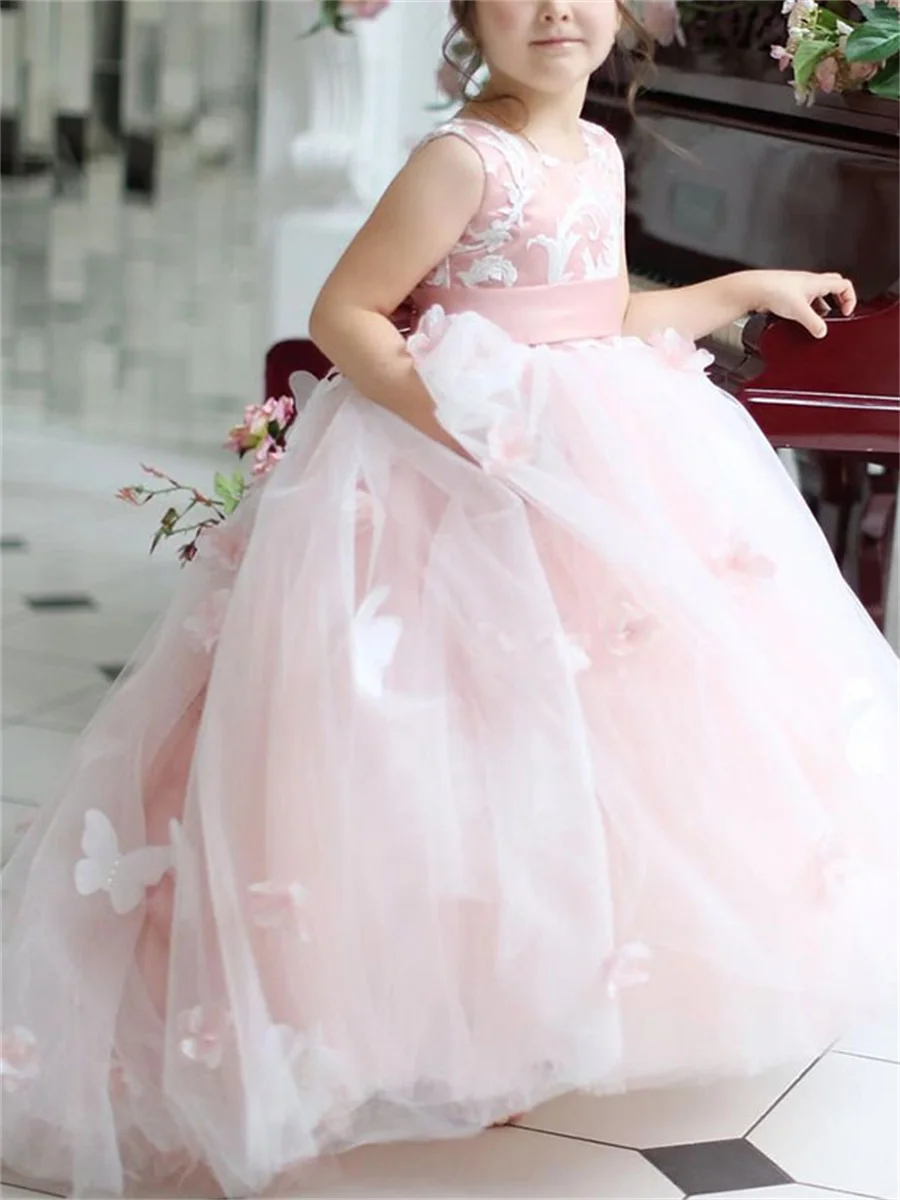 

Princess Sleeveless Pink Satin Tulle Flower Girl Dresses Pageant Sweep Train Scoop Neck Beading Girls Birthday Gowns with Bow