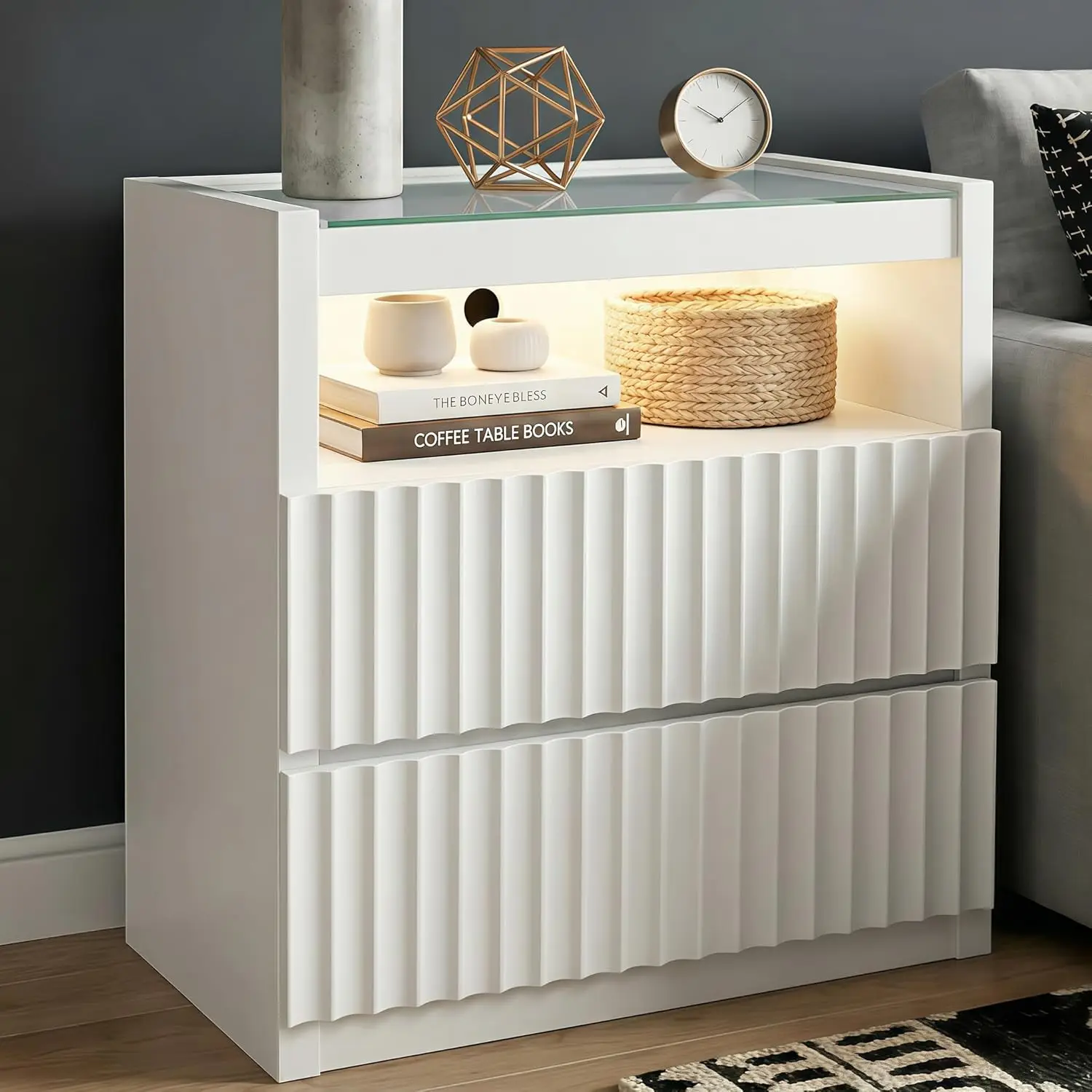 

NightStand with Charging Station,with LED Lights and Tempered Glass Panel,Modern Bedside Tablewith 2 Fluted Drawers, Customized