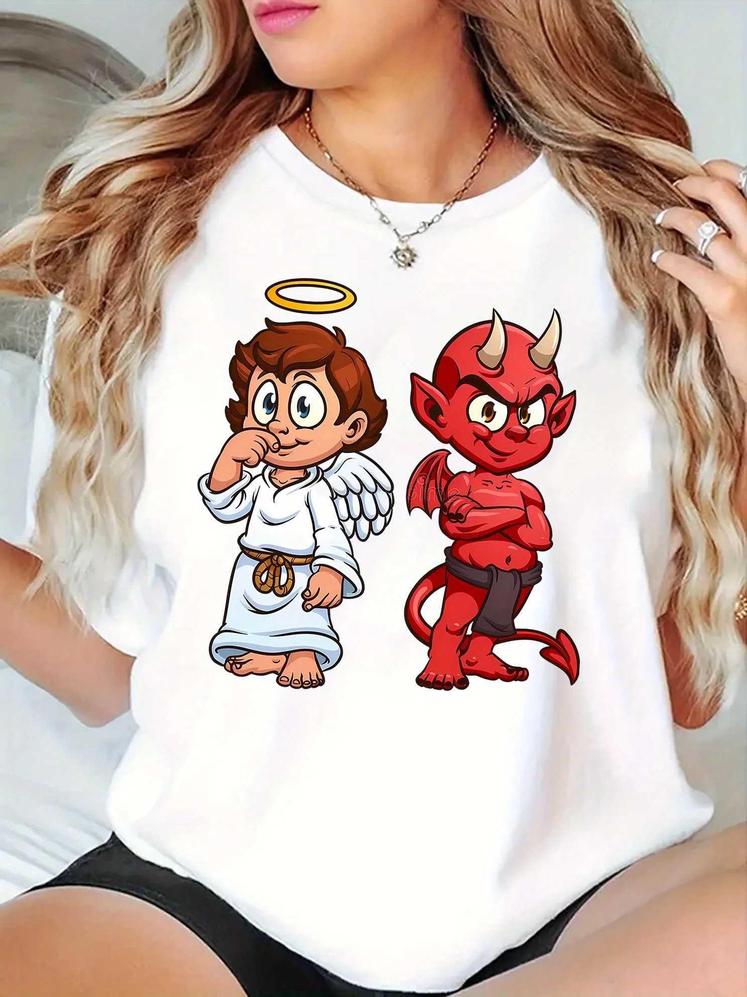 

Женская новая трендовая футболка с графическим принтом «Ангел-демон», модная хлопковая футболка с короткими рукавами для отдыха, летняя брендовая уличная одежда, топ Y2k+