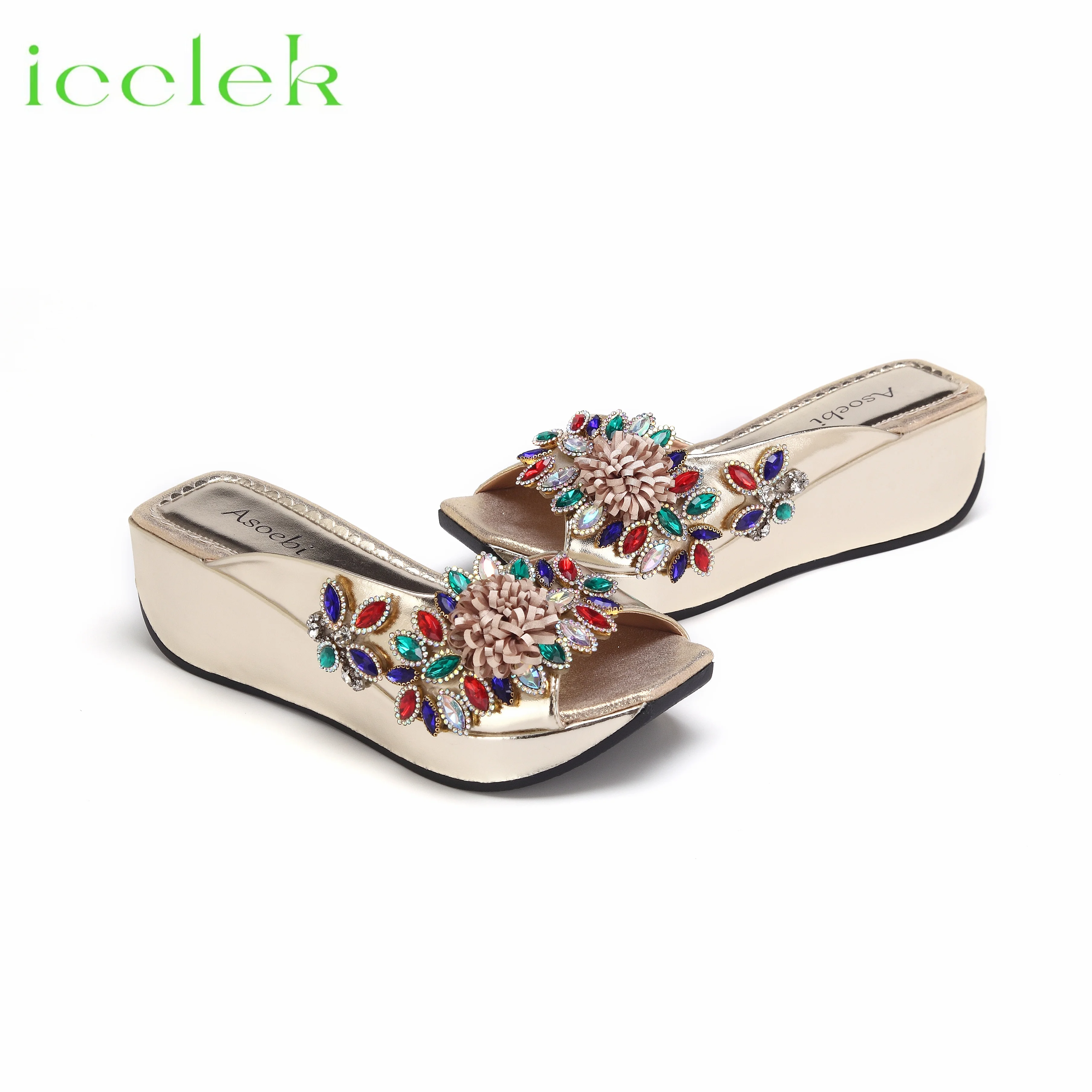 Hot Selling Summer Peep Toe Slipper with Bag Set Decorated with Colorful Rhinestones Design  in Gold  For Party Women