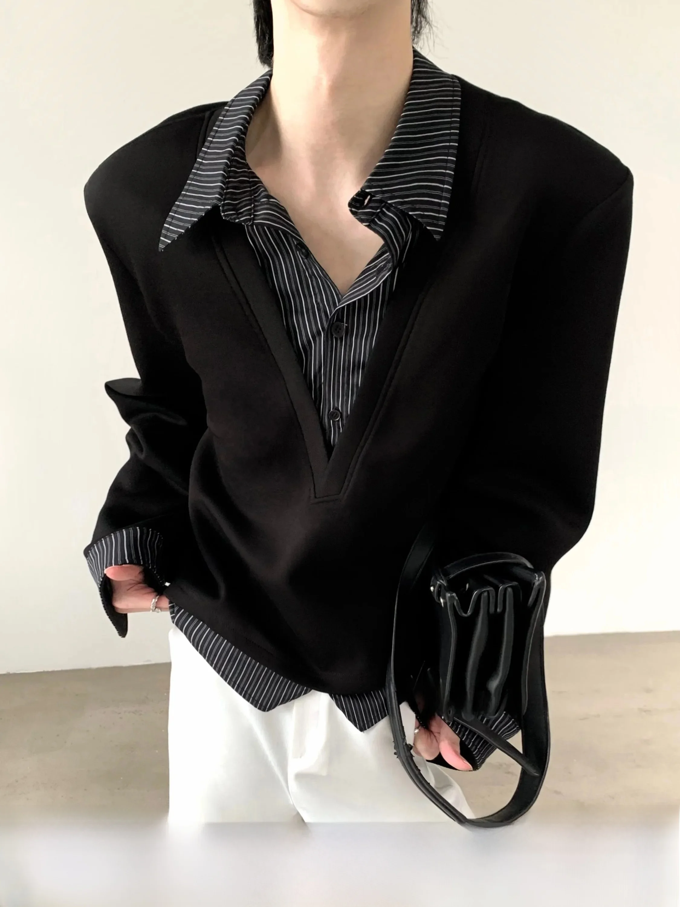High Intelligence Sensation Men's Shirt with Shoulder Pads Stripe Splicing Sweatshirt Loose Fit Double Layer Design Breathable