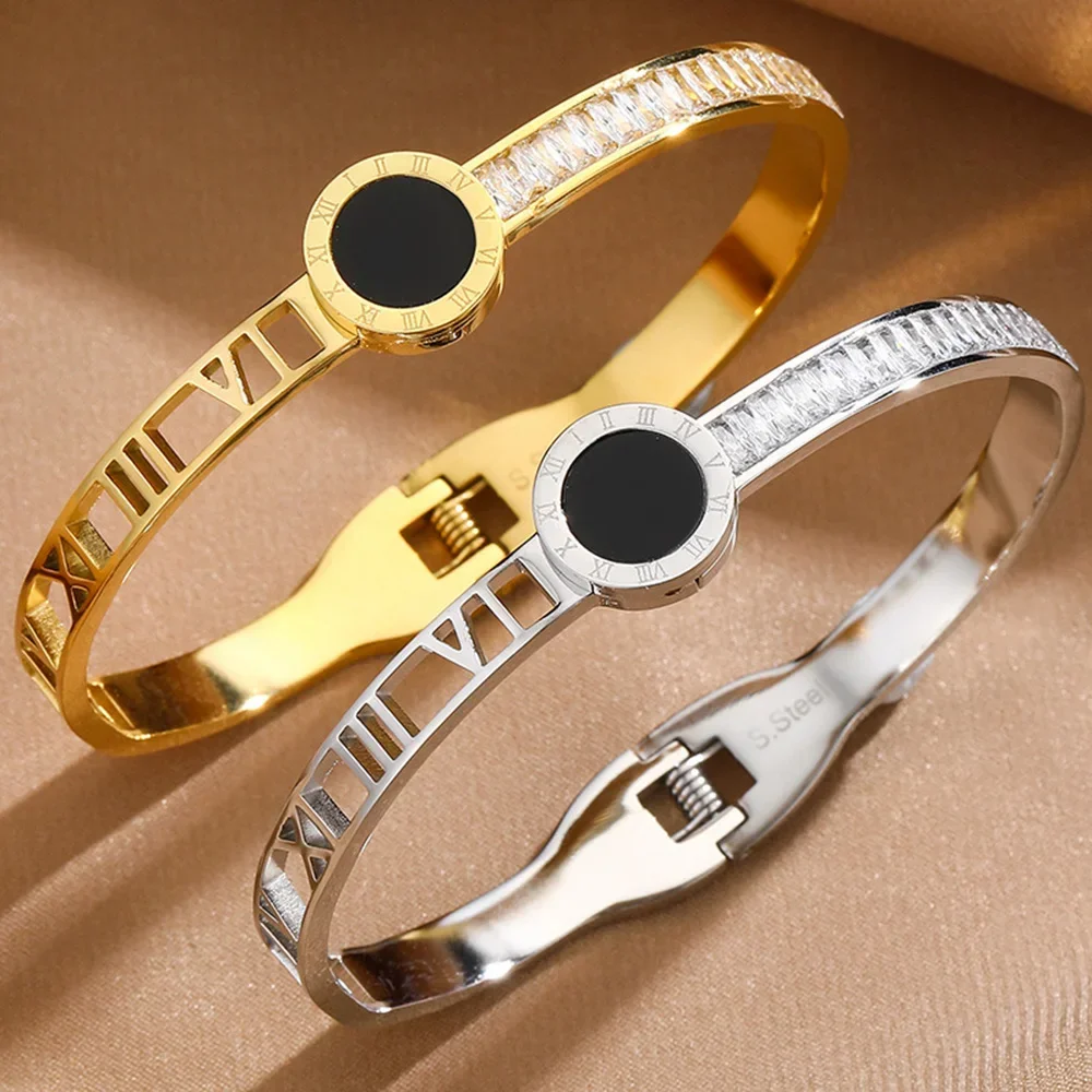 New Black Disc Hollow Roman Numeral Bracelet Women Men Stainless Steel Jewelry Square Crystal Inlaid Wristband Accessories