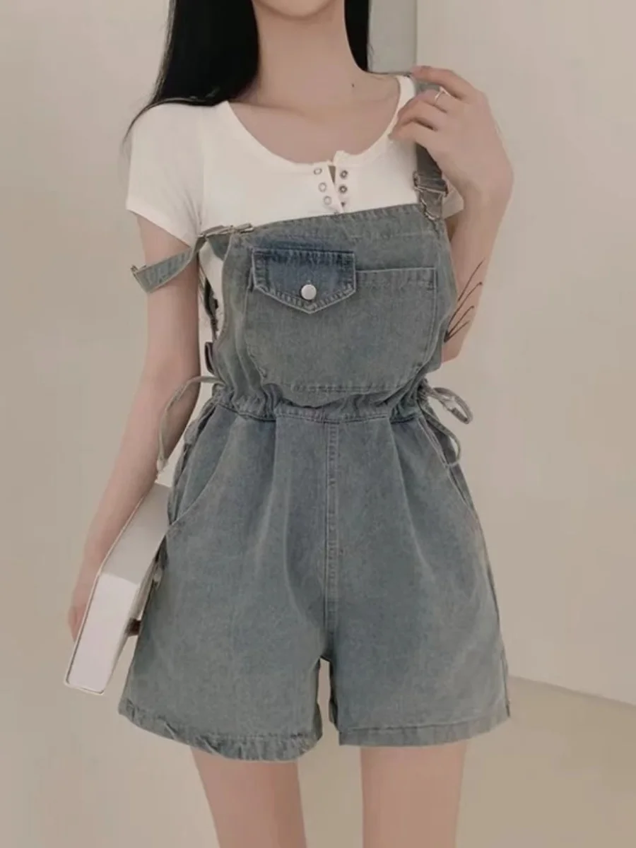

Chic Summer Anti-Aging Loose Dstring Design Waist Cinching Denim Overalls Women Versatile High Waist ort Pants Blue