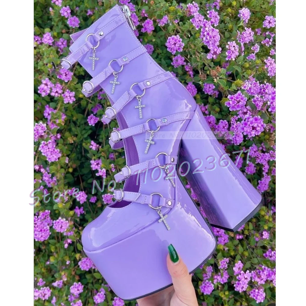 

Lavender Strappy Platform Sandals Women Summer Cross Charm 15cm High Block Heels Lolita Shoes Girl's Sweet Party Gladiator Boots