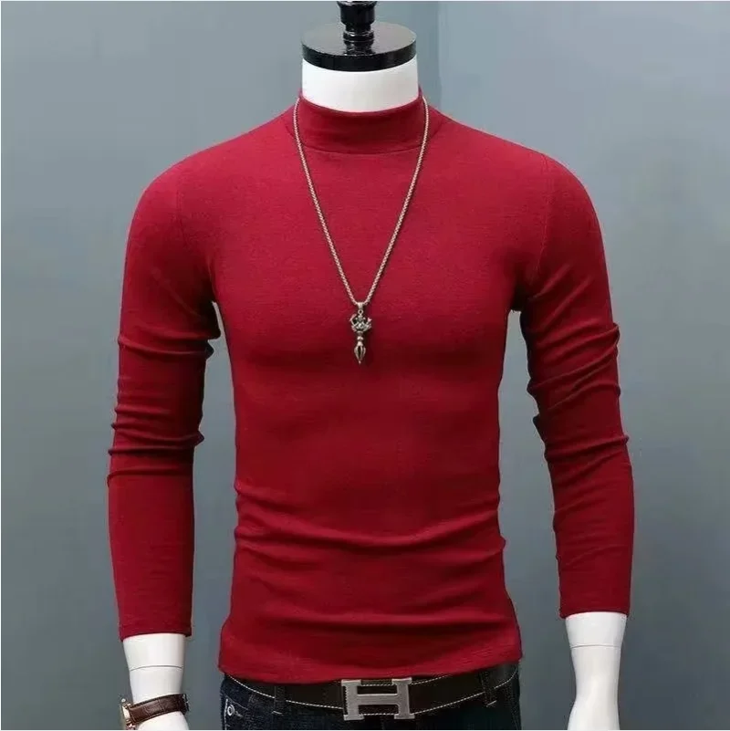 

2025 Autumn Winter Men's High Neck T-shirt Slim Fit Fashion High Elastic Long Sleeve Casual Breathable Apparel Pullover