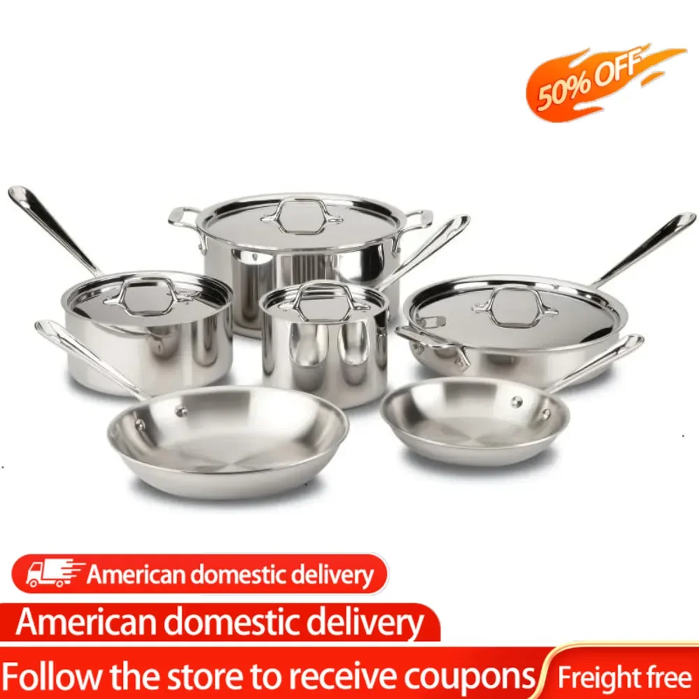 D3 3-Ply Stainless Steel Cookware Set 10 Piece, Induction Compatible, Oven Broiler Safe 600F, Kitchen Cooking Set w/ Fry Pans,