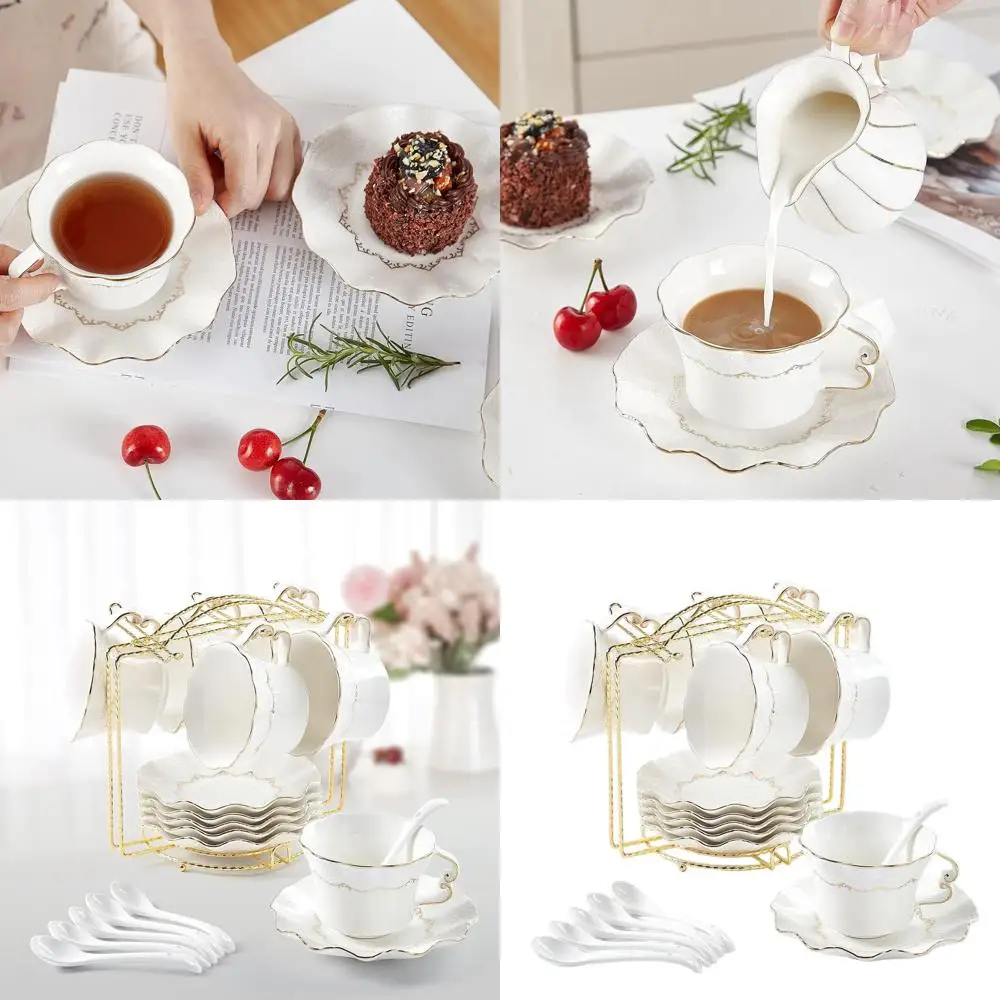 

Элегантный набор из 6 чашек и блюдец с золотой оправой, королевский британский фарфор, роскошная подставка для кофейной чашки в комплекте - белый