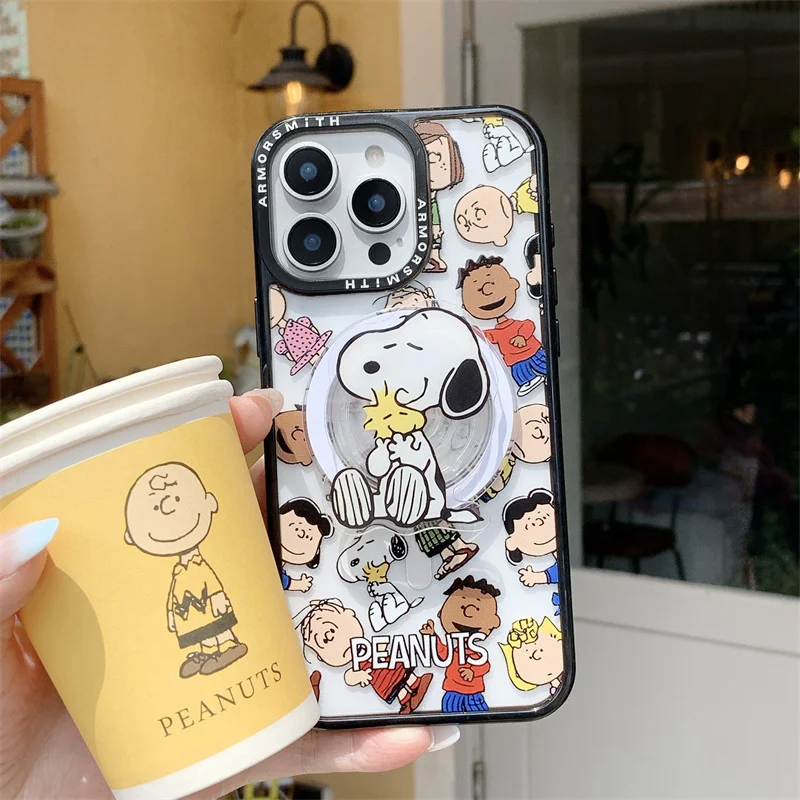 

Cartoon Cute Snoopy Charlie friend Magsafe Wireless Charge Case For iPhone 12 13 14 15 16 Pro Max Funny Snoopy Magnetic Stand