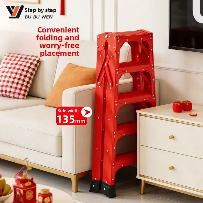 Red reinforced hinge steel ladder, thickened carbon steel folding ladder, anti slip and wear-resistant foot cover zigzag ladder