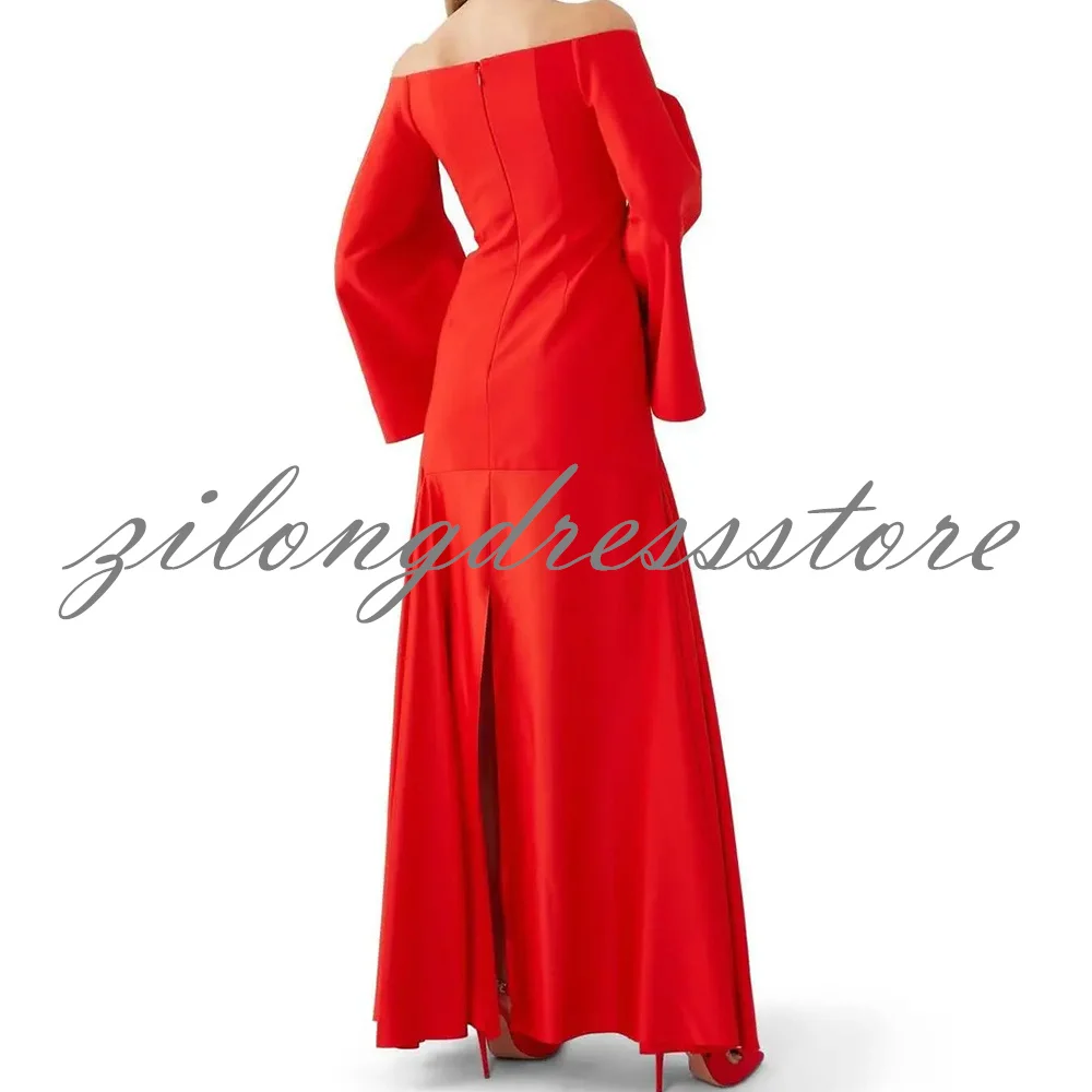 Classic Red Straight Floor Length Off the Shoulder Satin Long Sleeves Evening Dress Prom Dress Pleats Empire flare sleeve