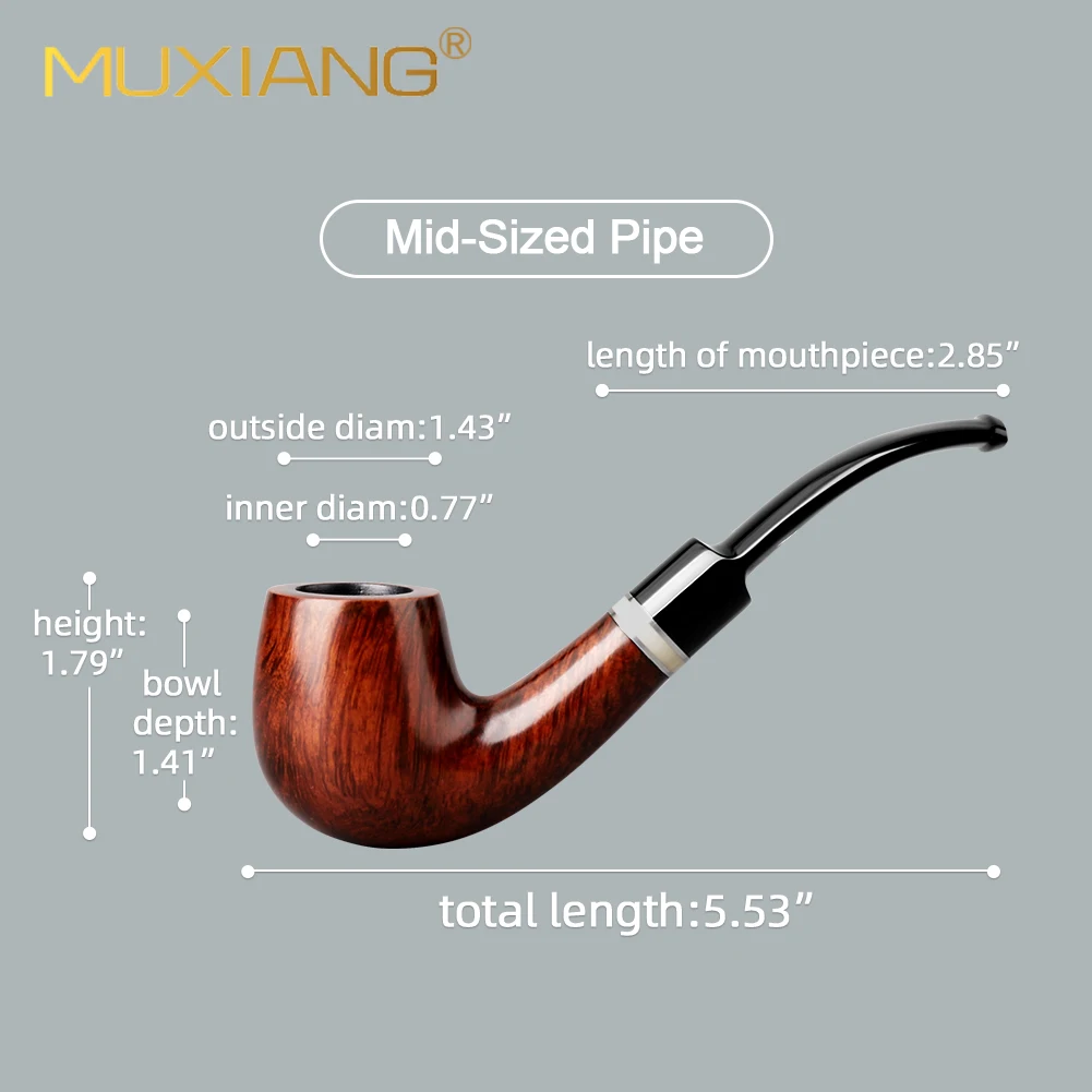 MUXIANG Handmade Briar Tobacco Pipe Bent Billiard Vulcanite Bent Saddle 9mm Filter Stem Dual Nickel‑Silver Bands Imitation Ivory