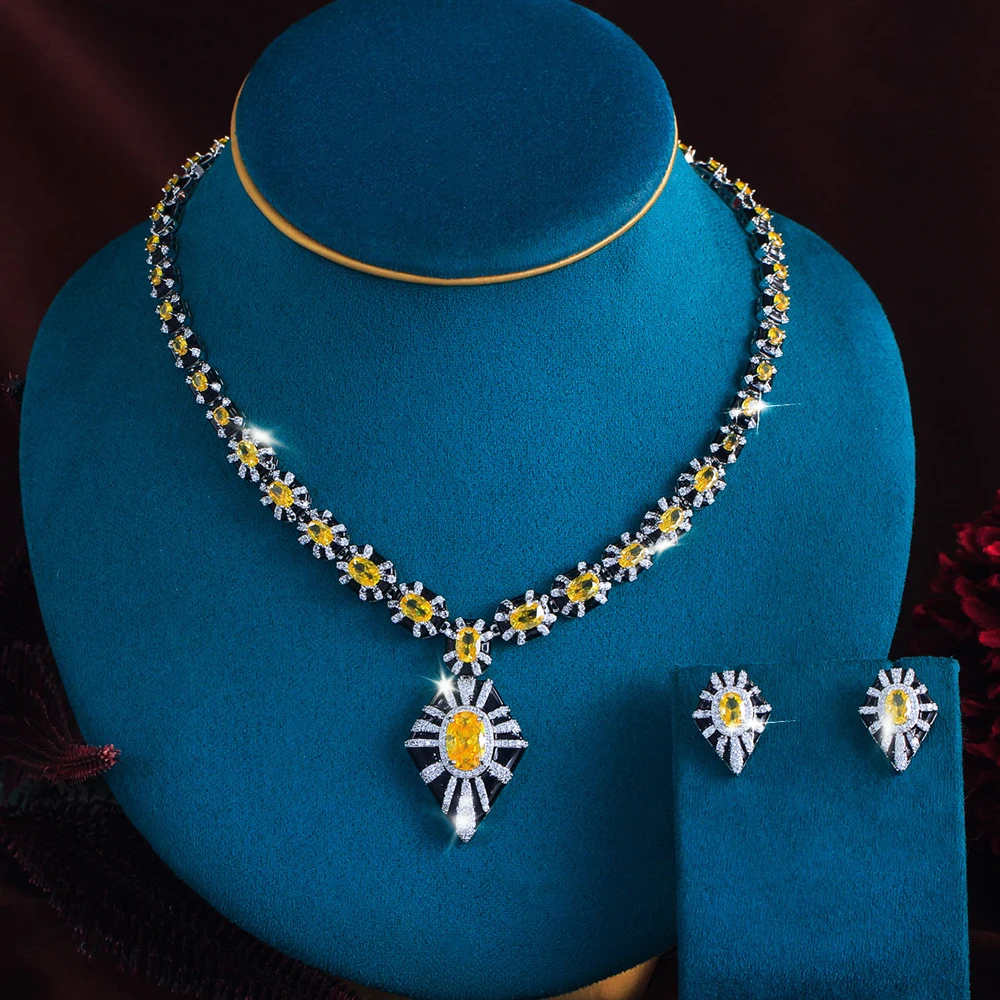 Pera Elegant Big Yellow Oval CZ Jewelry Sets Black Enamel Rhombus Necklace Earrings for Women Prom Engagement Luxury Gift J087