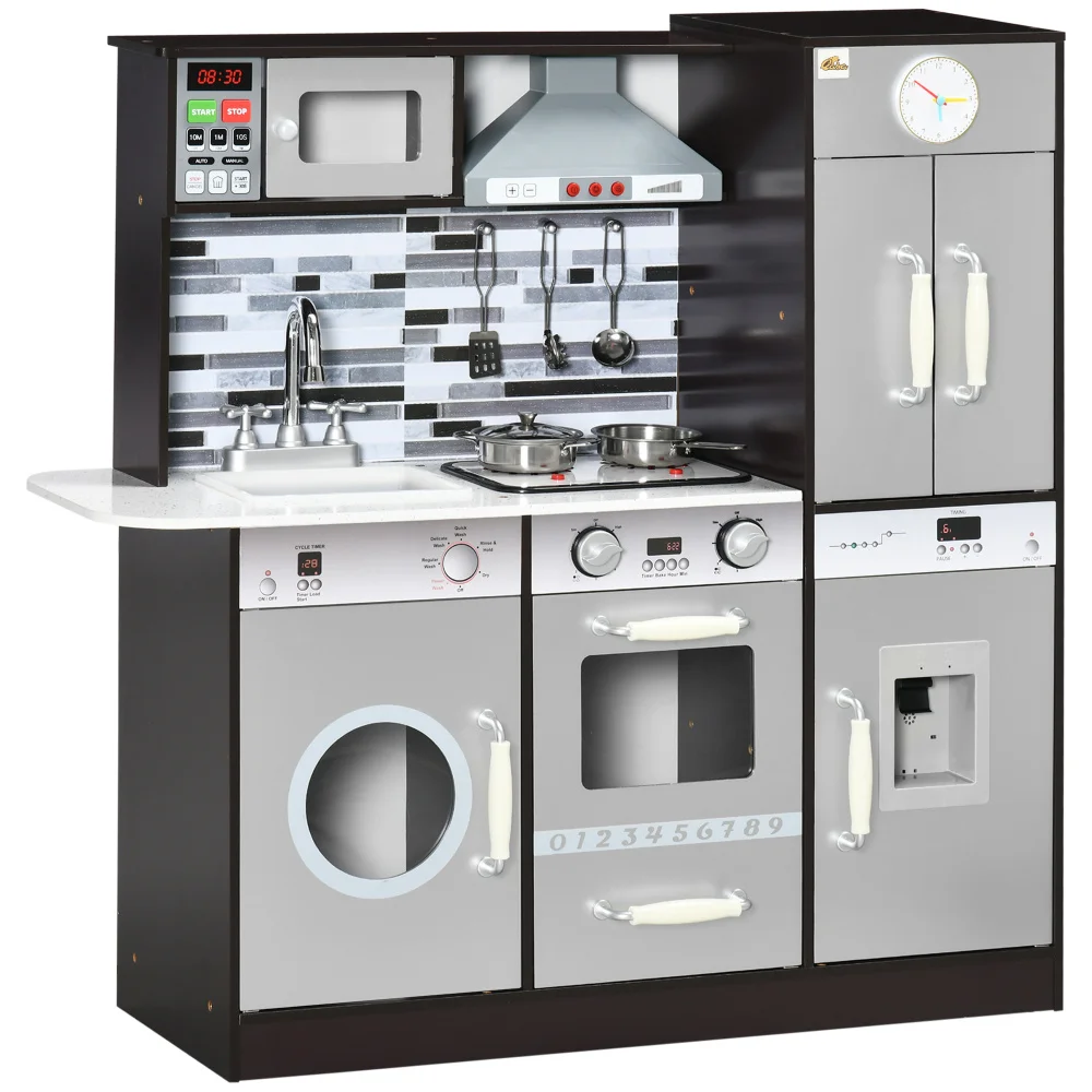 

Qaba Wooden Kitchen Kids Playset with Washing Machine Water Dispenser Microwave Range Hood Refrigerator Utensils for 3-6 Years