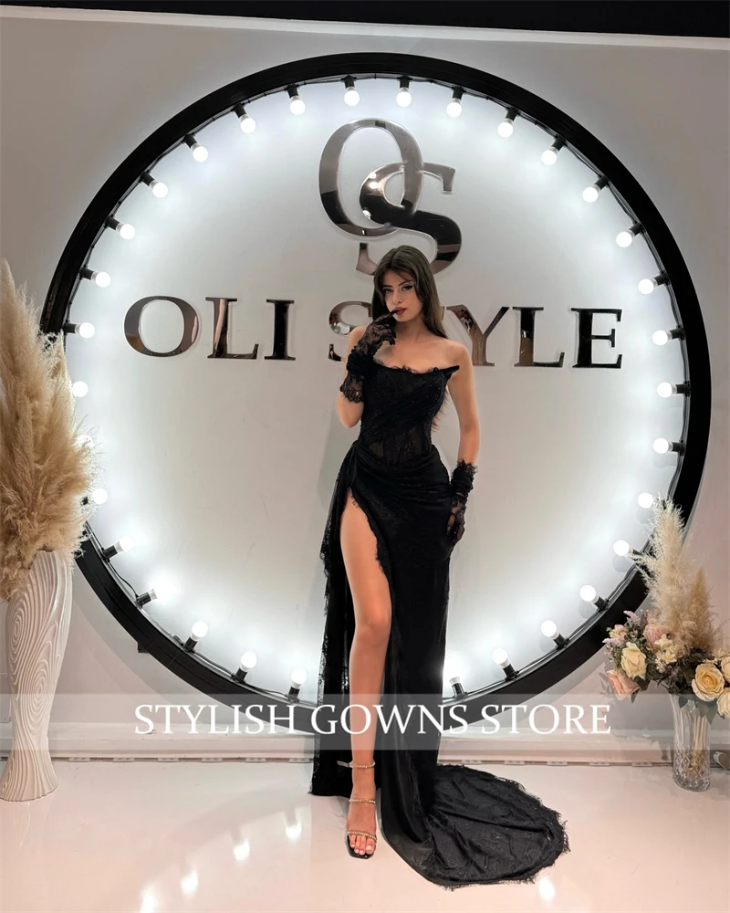 Black Strapless Evening Dresses Beautiful Women Dress Pleats Lace Birthday Prom High Slit Special Occasion Dress Customized