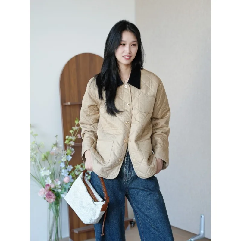 Retro Leisure Style Women's Cotton Jacket Autumn Winter New Arrival Loose Diamond Pattern Solid Short Outerwear Coat