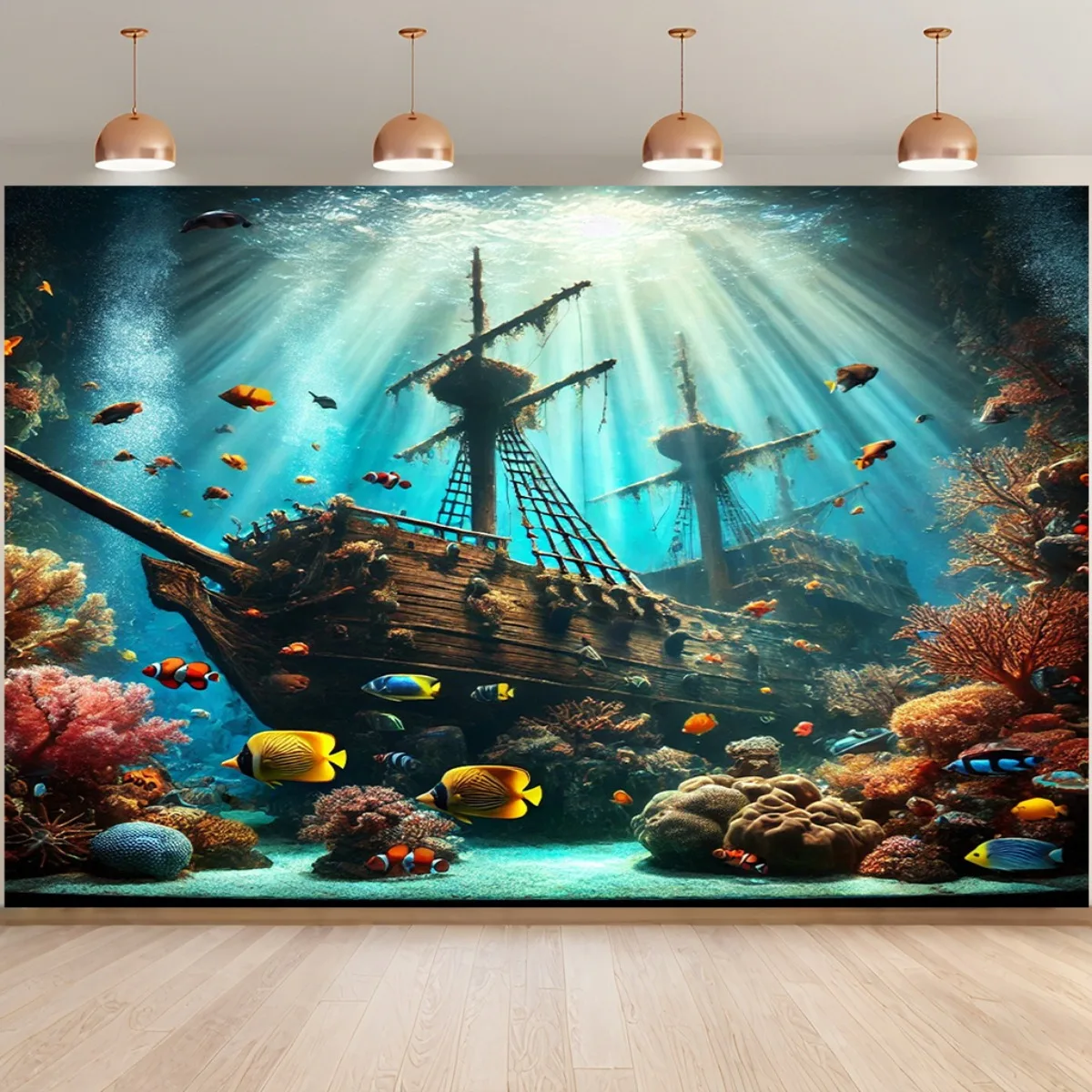Underwater Shipwreck Tapestry Ocean Coral Reef Fish Marine Life Art Wall Hanging 2D Flat Print Backdrop for Bedroom Living Room