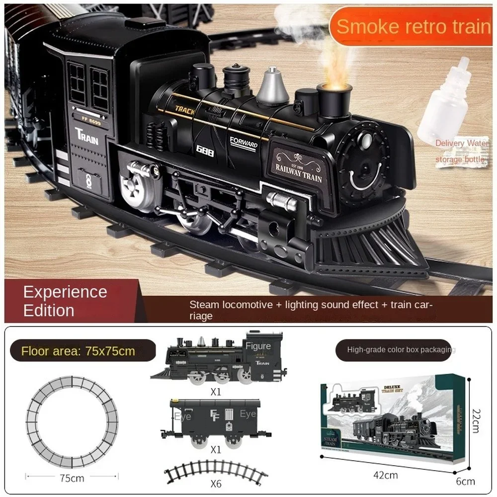 محاكاة قطار البخار نموذج السكك الحديدية الكلاسيكية السكك الحديدية الشحن القطار الكهربائي لعبة تعقب الصبي مع هدية الأطفال الدخان