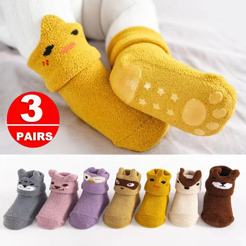 3Pairs Coral Fleece Cartoon Baby Toddlers Anti Slip Floor Socks Autumn Winter Warm Socks Girls Boys Indoor Cute Slippers Socks