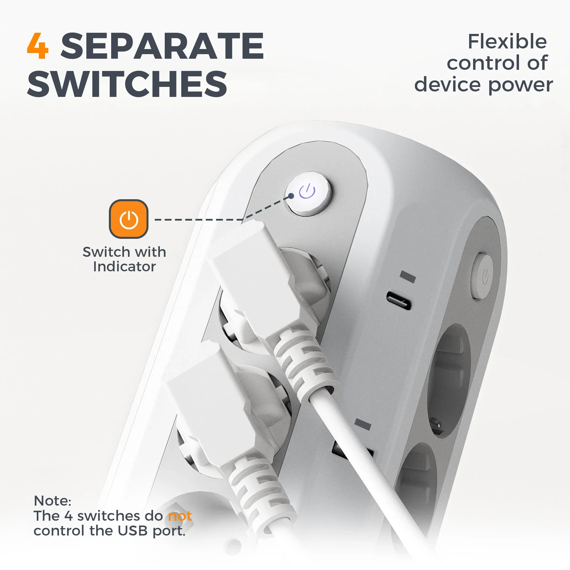 TESSAN Tomada elétrica de proteção contra surtos de torre múltipla com 12 AC 6 USB 4 interruptores únicos 5M 2M cabo de extensão